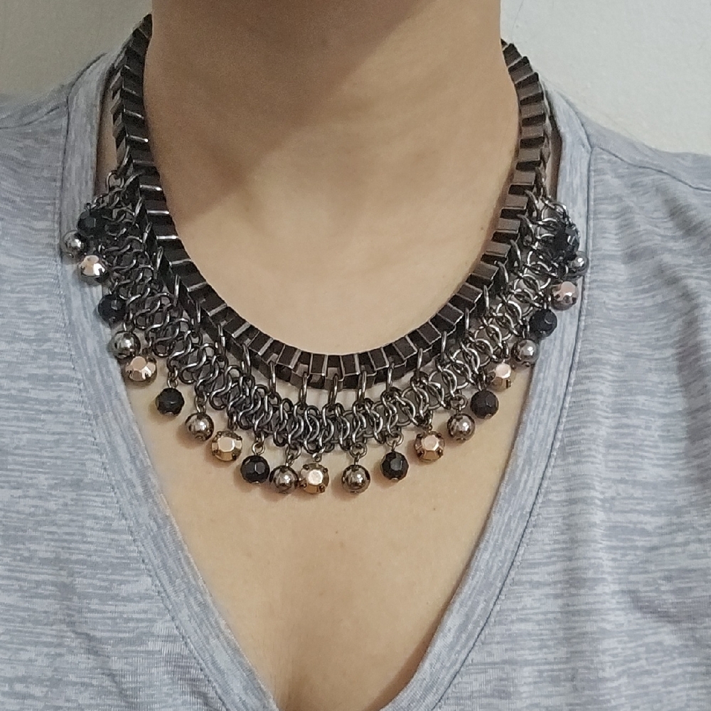 Bold Gunmetal Statement Necklace with Multi-Tone Beaded Fringe – Chunky Layered